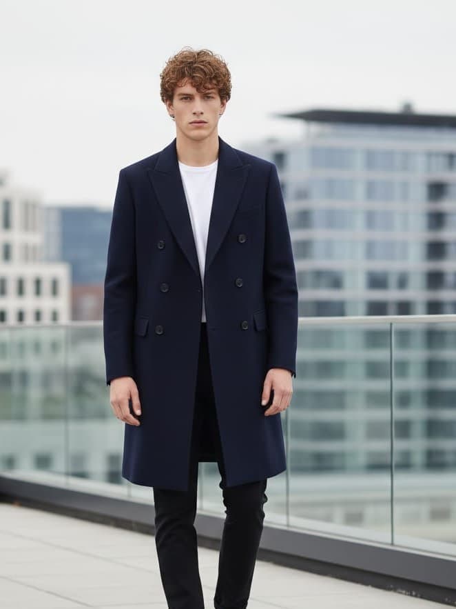 Navy Double Breasted Men's Long Overcoat